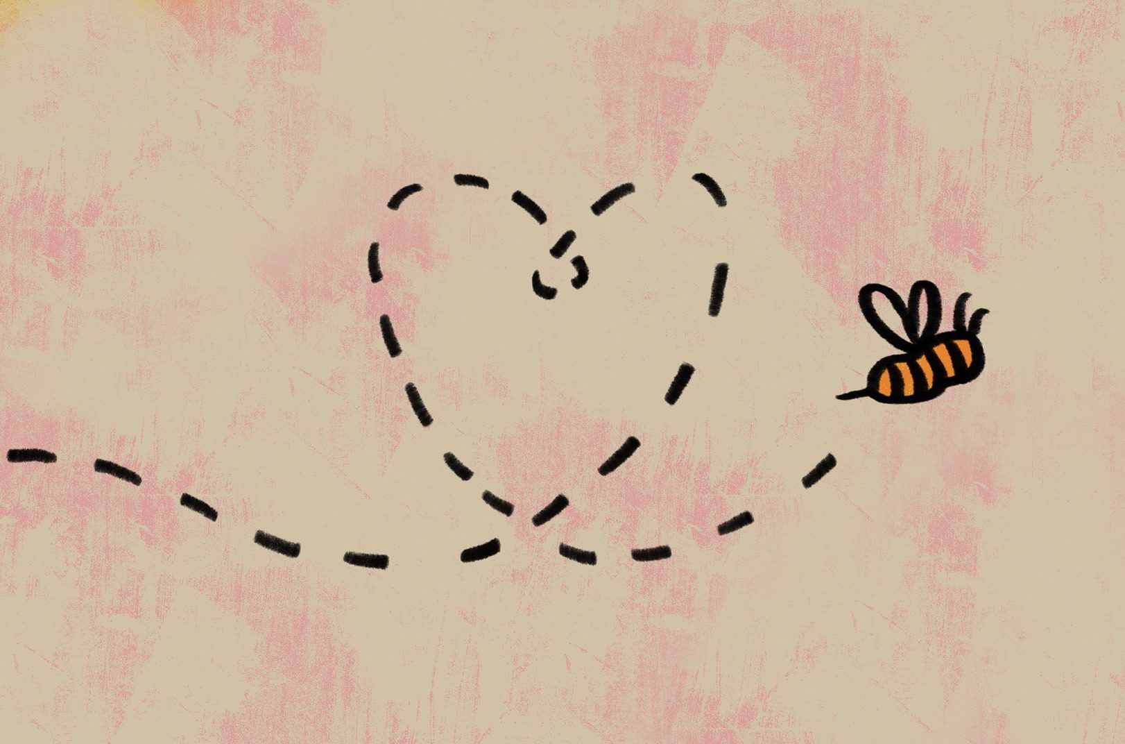 a bee flying with a yellow and pink background