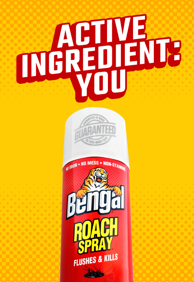ad featuring a can of bengal roach spray on yellow background and headline