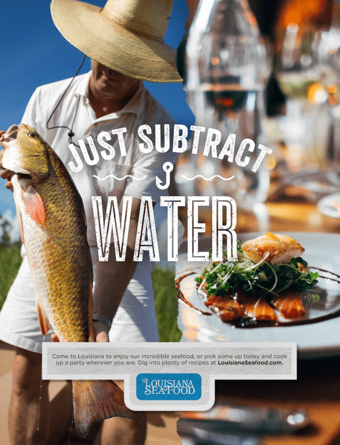 ad for louisiana seafood featuring half of ad with man holding fish and other half of ad with fish on dinner plate