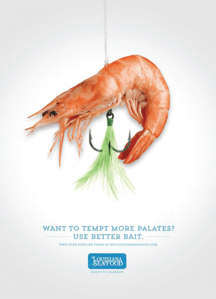 ad featuring gulf shrimp caught on fishing line and with fish hooks