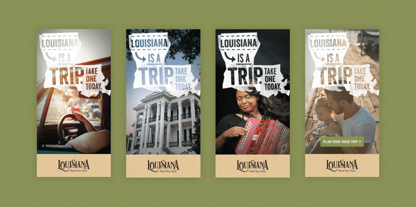 grid of ads for tourism to louisiana