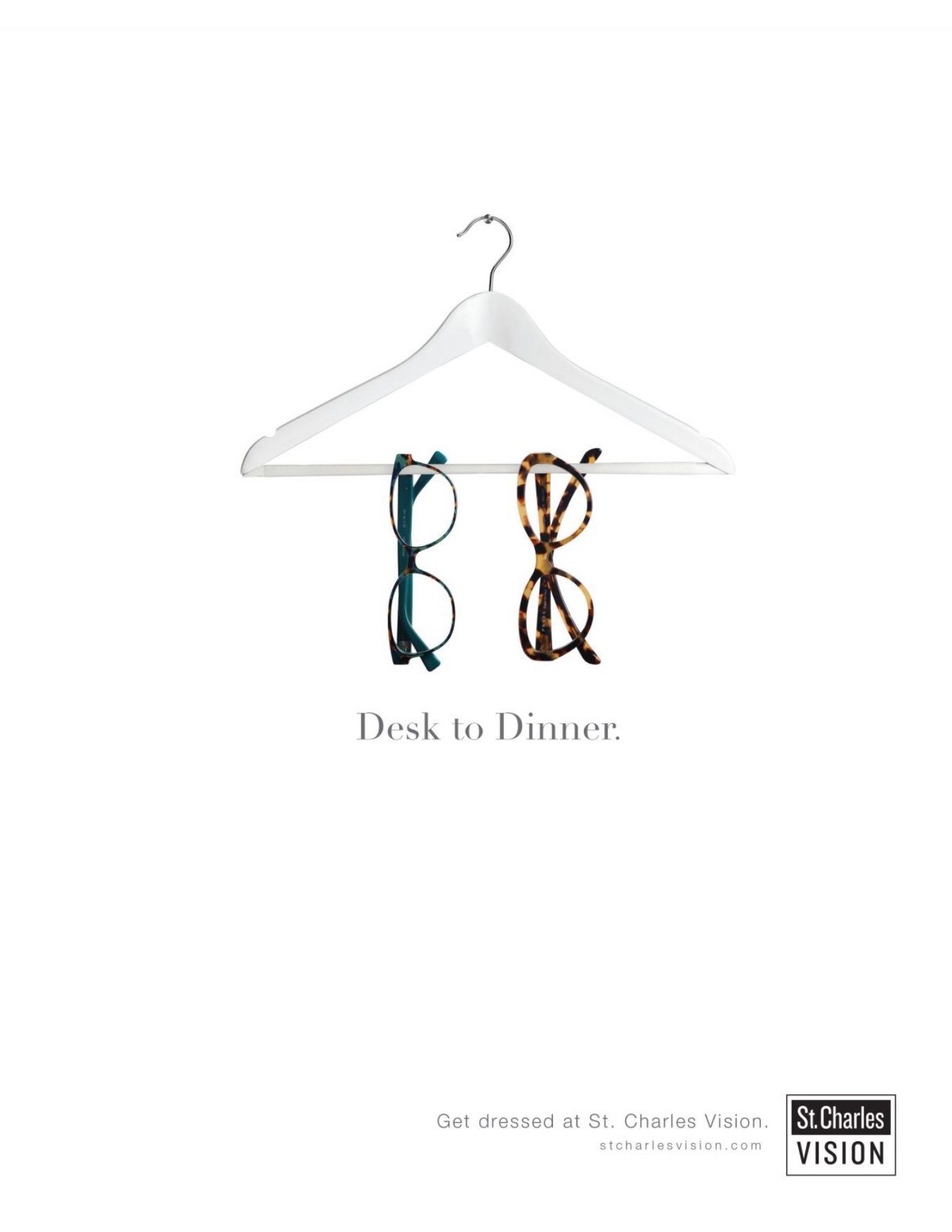 ad for eye glasses which depicts two pairs of eye glasses hung on a hanger against a white background
