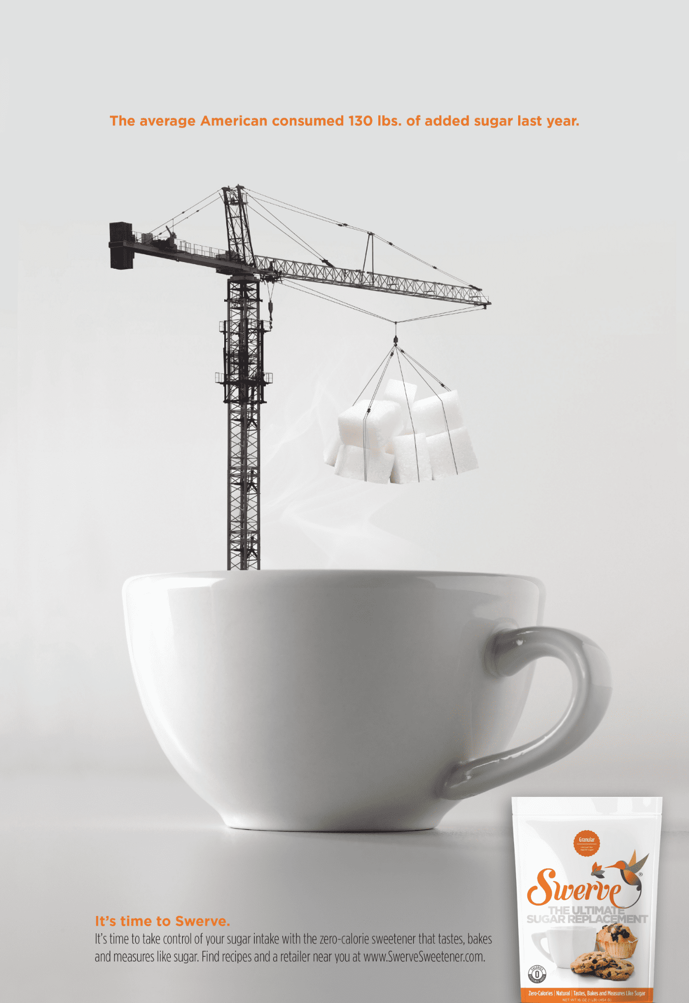 ad for swerve sweetener of a crane dropping sugar into cup