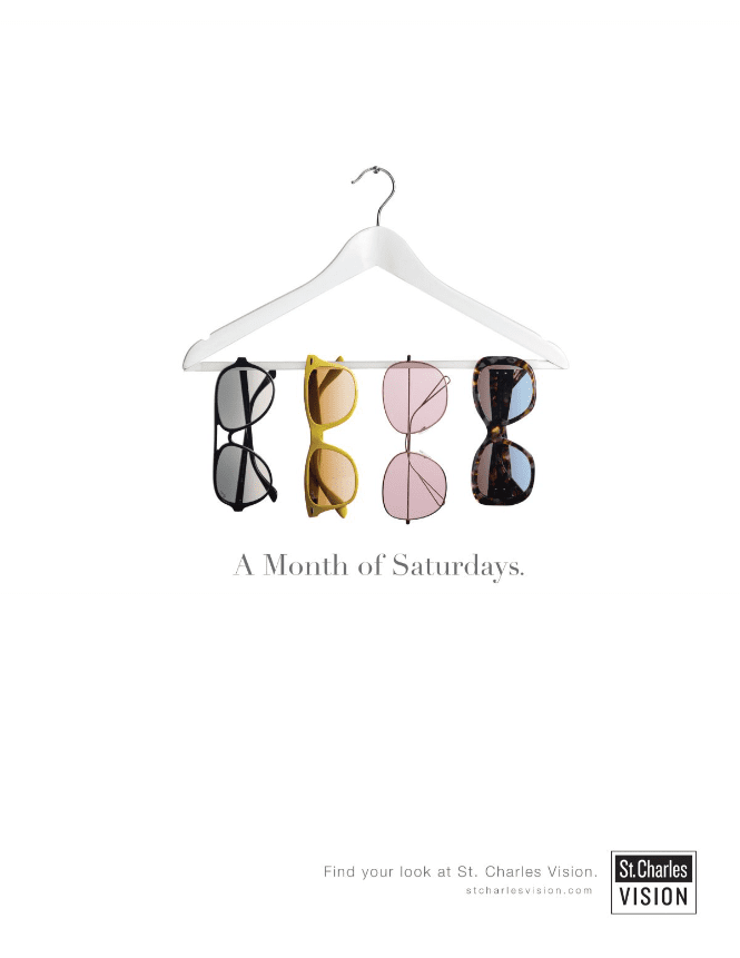 ad for eye glasses which depicts four pairs of eye glasses hung on a hanger against a white background