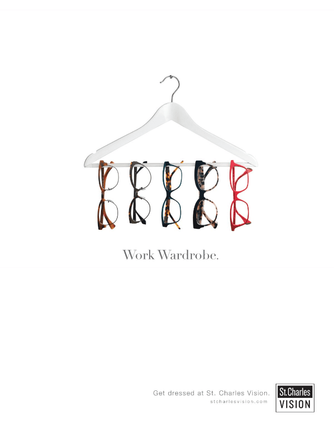 ad for eye glasses which depicts five pairs of eye glasses hung on a hanger against a white background