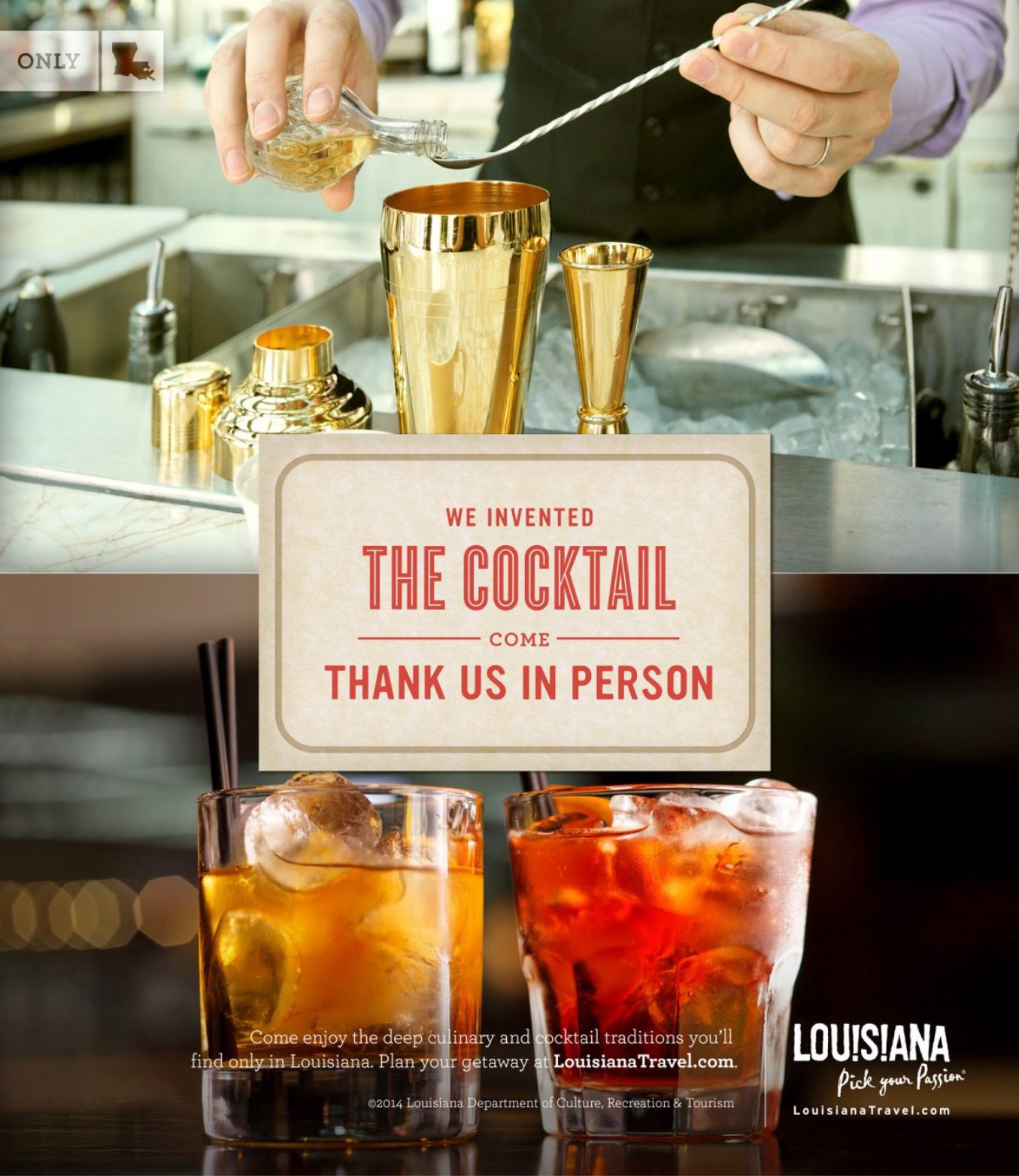 split image ad featuring two cocktails on the bottom and a bartender mixing a drink in the top