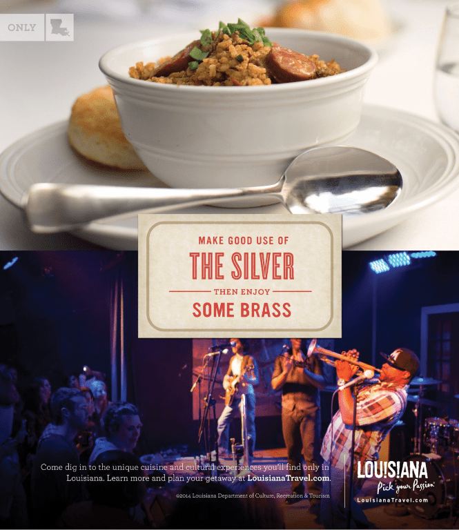 split image ad featuring a band playing instruments on stage in new orleans on the bottom and a a bowl of gumbo in the top image