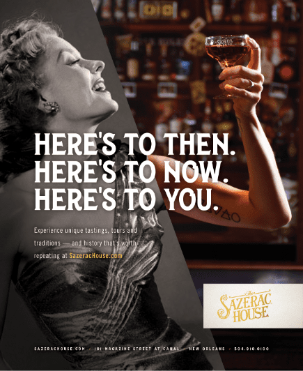 sazerac house ad featuring a half color and half black and white image of a woman holding up a glass of sazerac rye