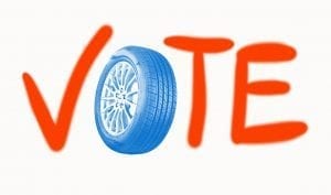 the word VOTE with a tire as the letter O
