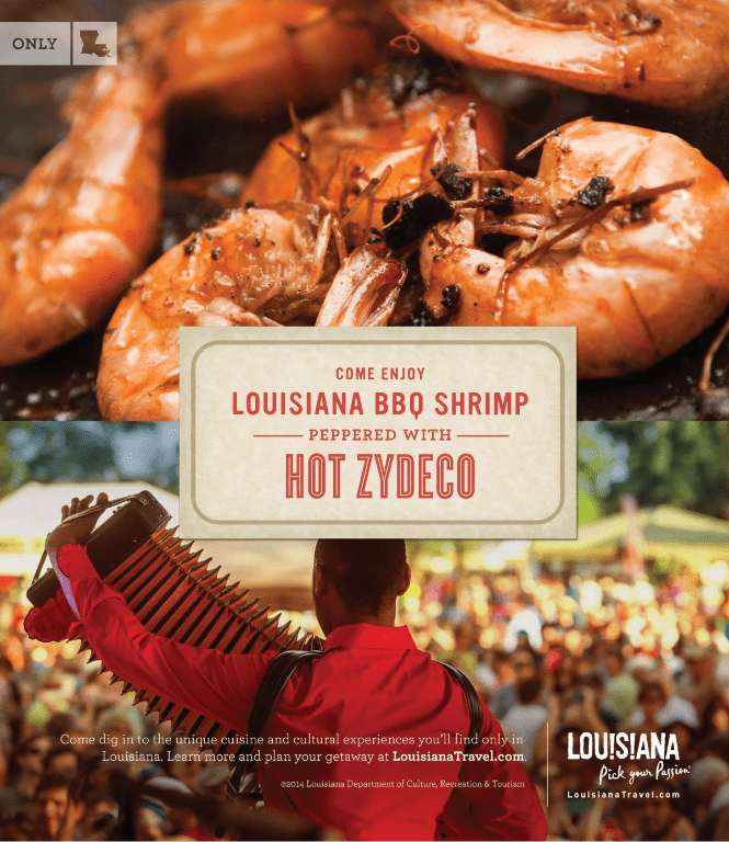 split image ad featuring a man playing an accordion at jazz festival in new orleans on the bottom and a plate of gulf shrimp in the top